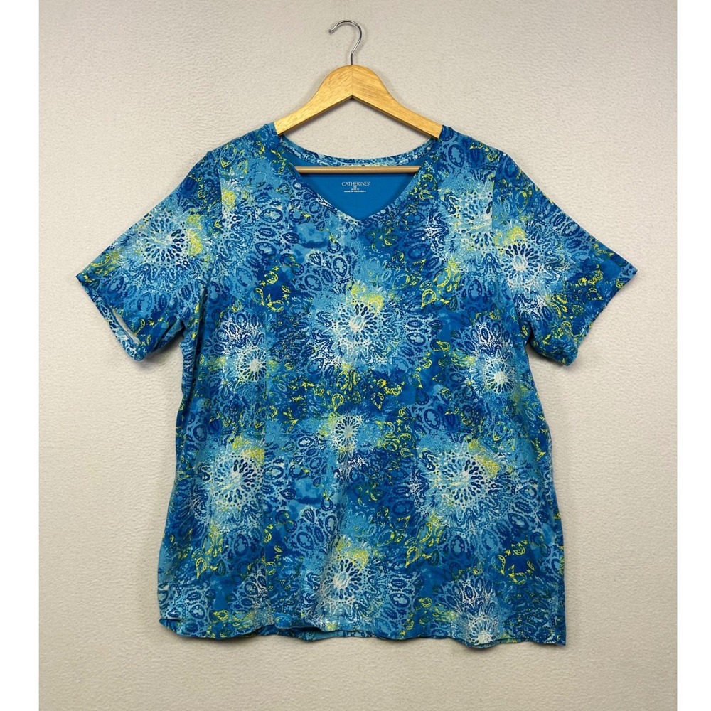 Boho Mandala Catherines Women 0X Blue Short Sleeve V-Neck Tunic Tee
